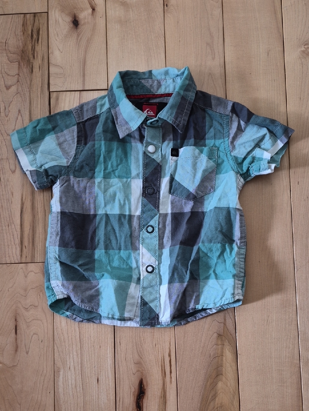 Boys Size 6-9m Quiksilver Teal & Gray Plaid Short-Sleeve Button-Down Shirt